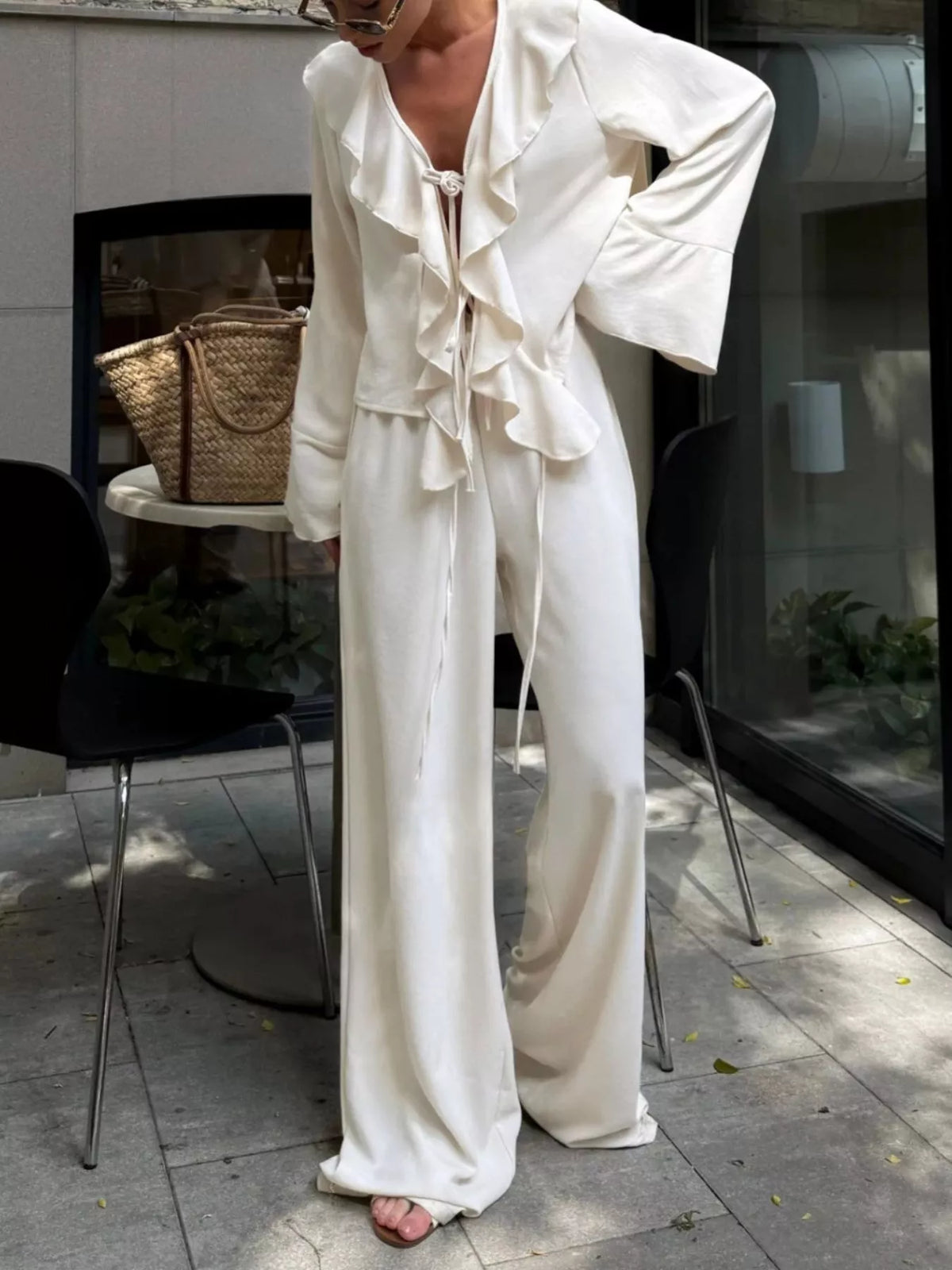 Womens coordinated white ruffle two piece set