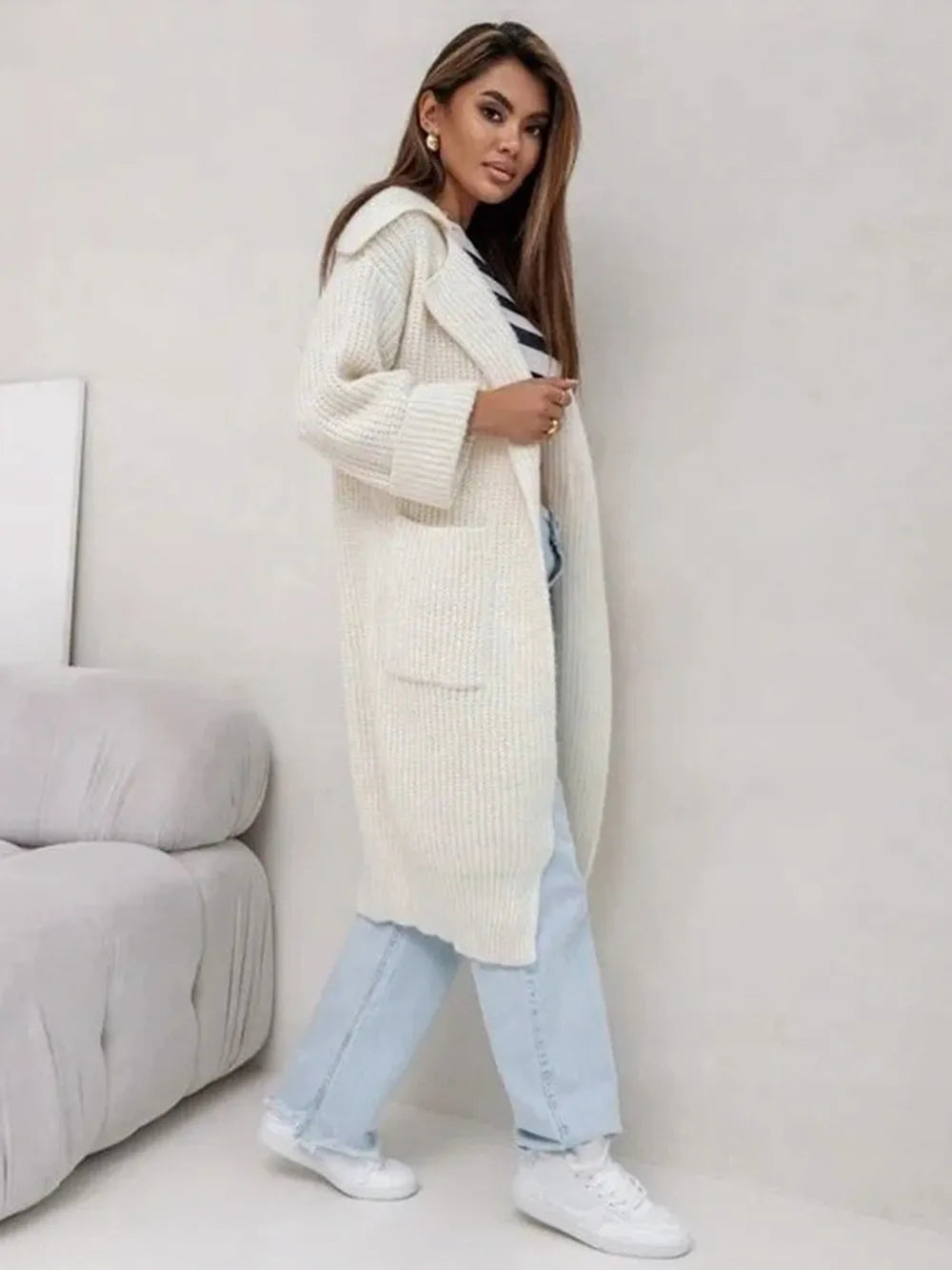 Pocketed Collared Neck Dropped Shoulder Cardigan - Fashorio