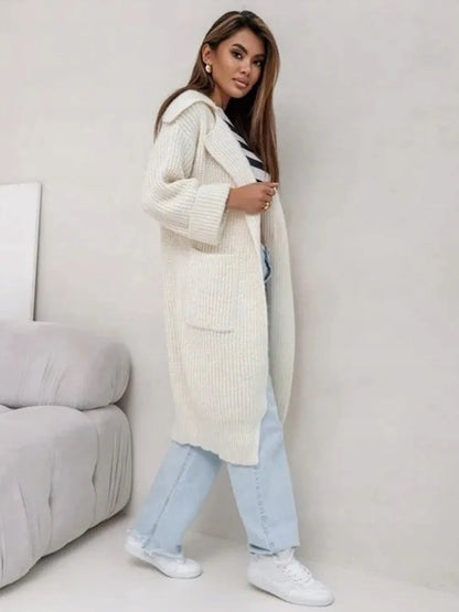 Pocketed Collared Neck Dropped Shoulder Cardigan - Fashorio