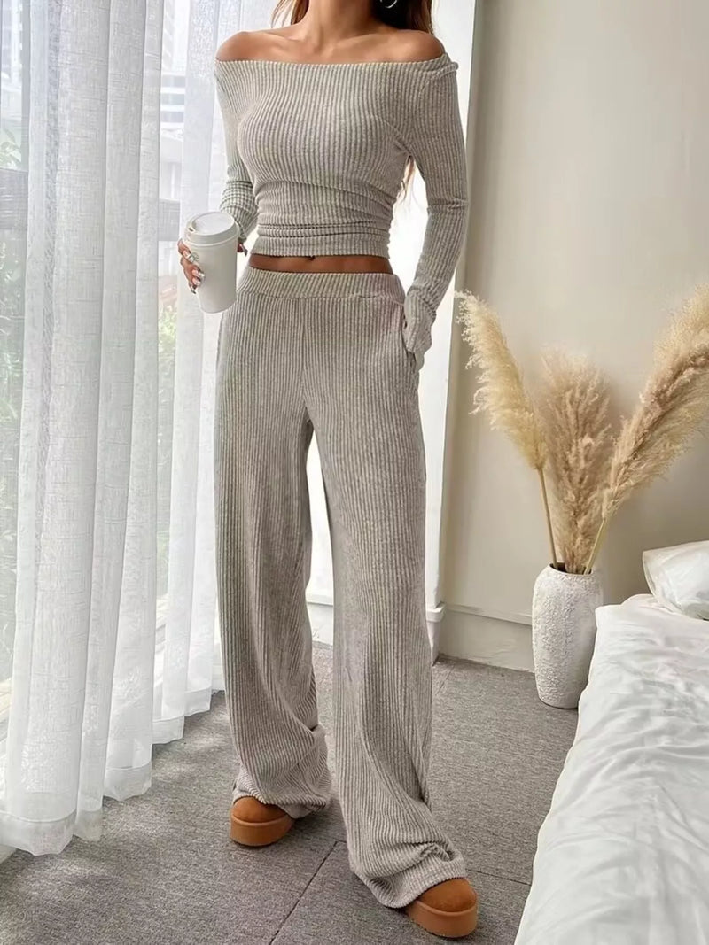 Ribbed knit boat neck top and pants set front view