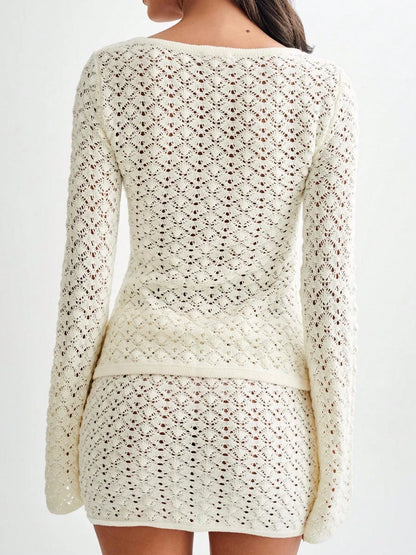 Button Up Crochet Cardigan and Skirt Sweater Set - Fashorio
