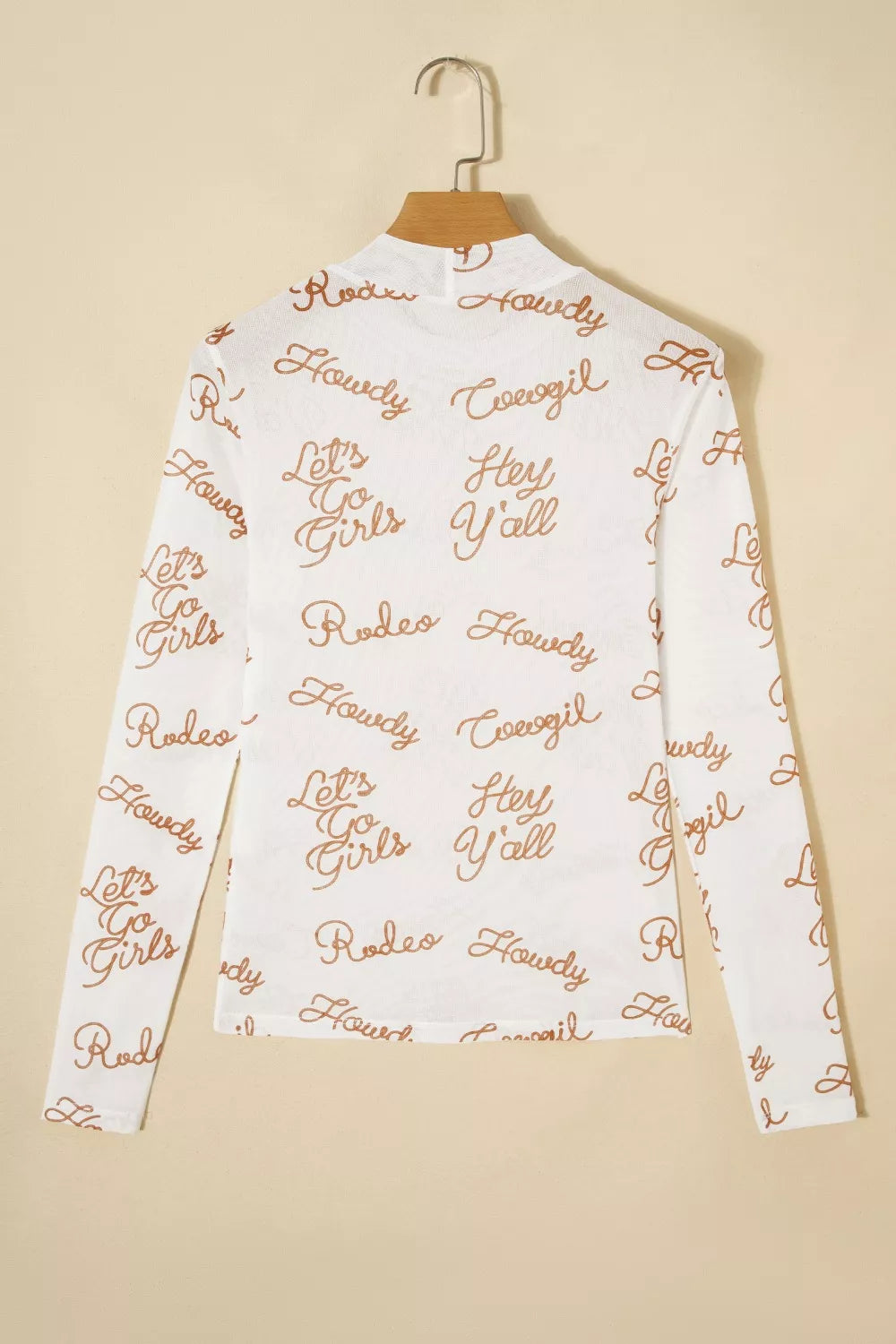 White sheer mesh high neck long sleeve top side view