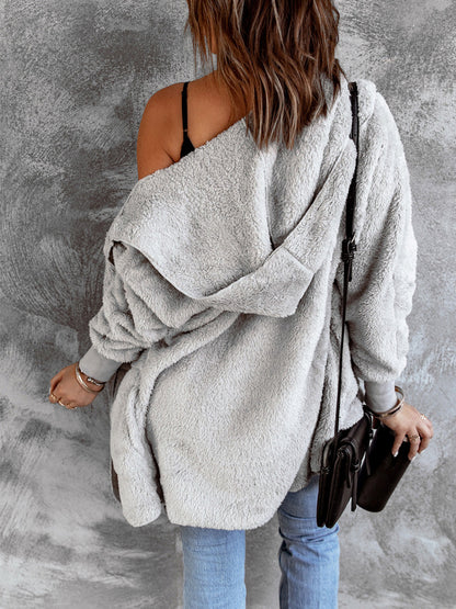 Open Front Hooded Faux Fur Outwear with Pockets - Fashorio