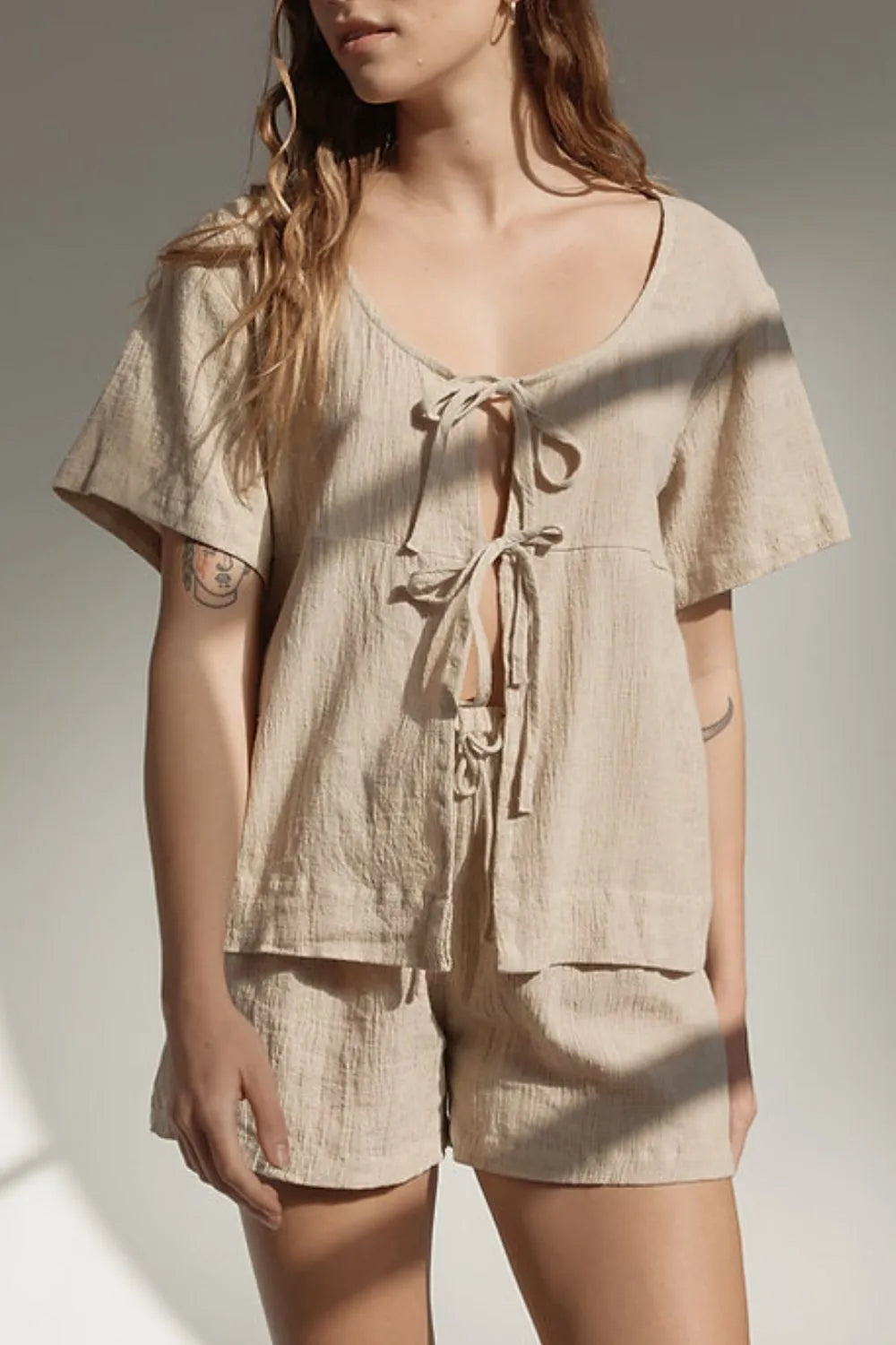 Plaid Tied Scoop Neck Short Sleeve Top and Drawstring Shorts Set view 14
