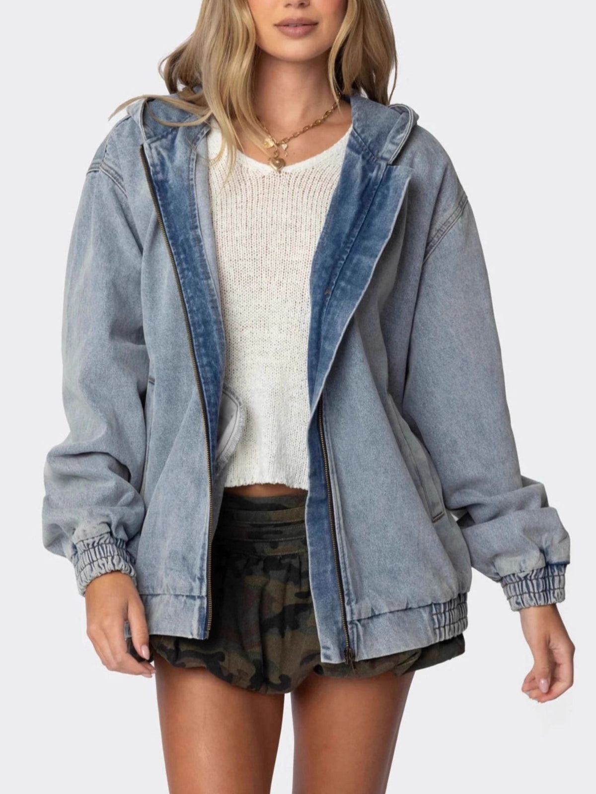 Hooded Oversized Zip Up Denim Jacket in Light Blue