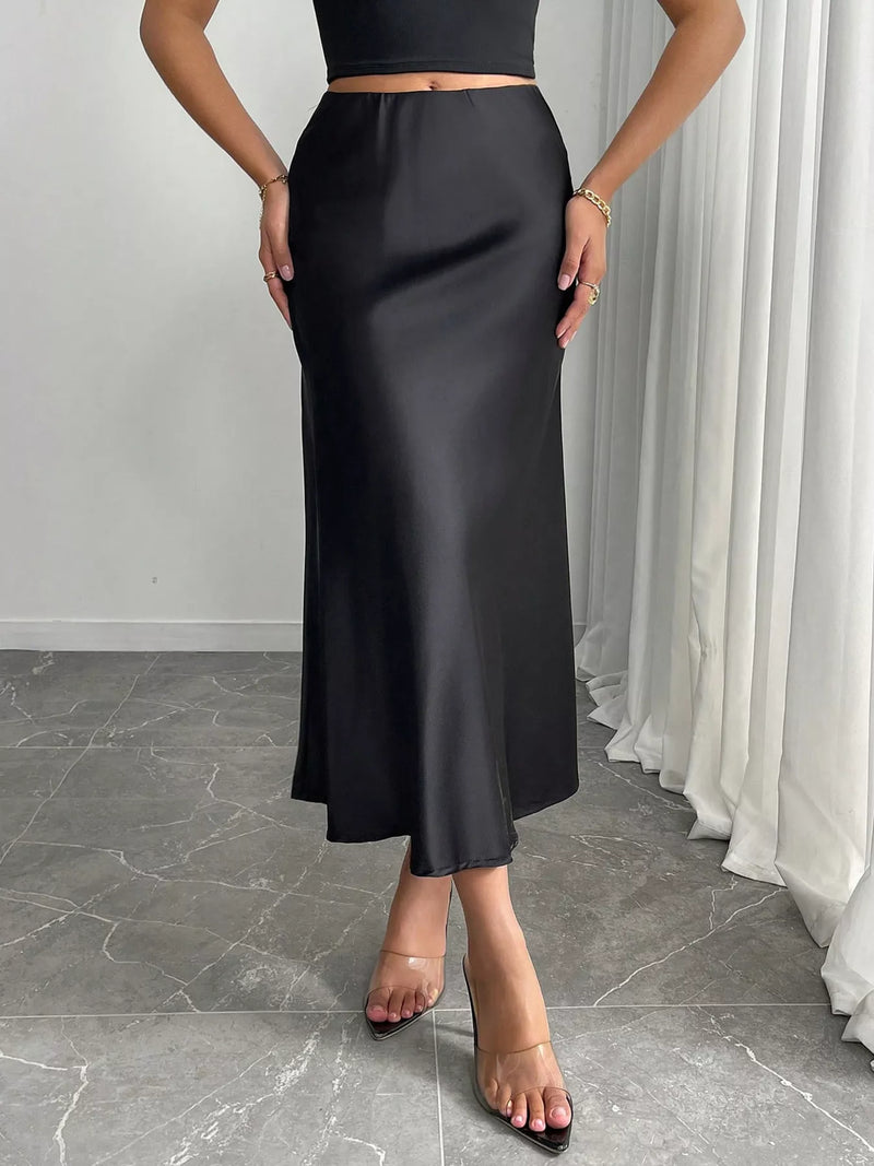 Satin midi skirt front view on model