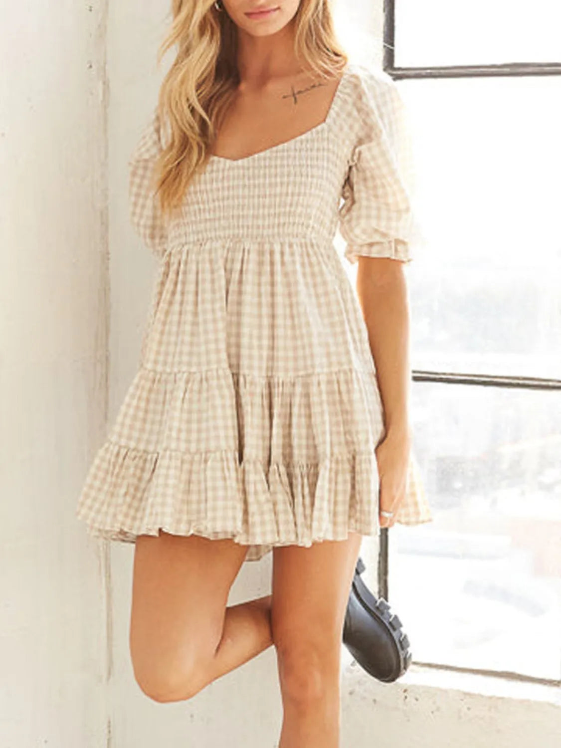 Ruffle Hem Plaid Mini Dress in Light Blue view 7