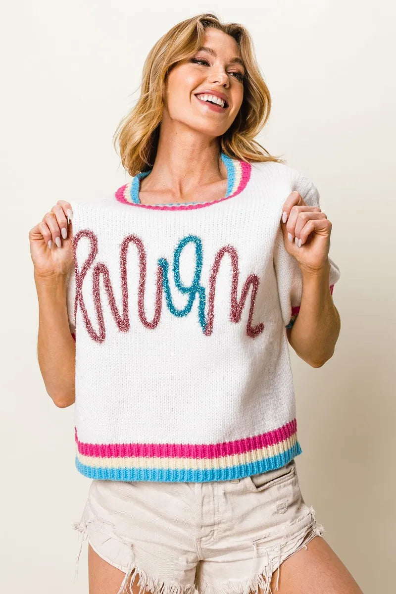 Metallic Letter Puff Sleeve Sweater in Fuchsia side view