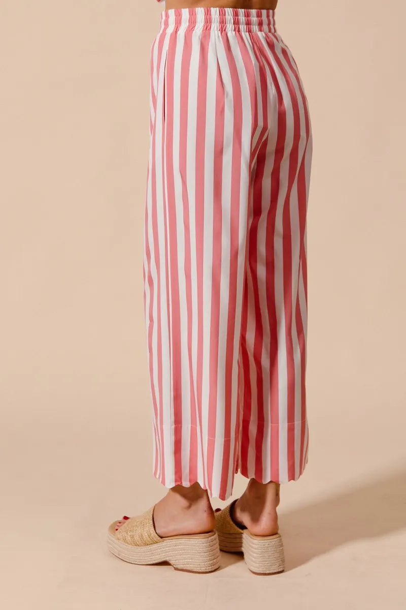SO ME Front Tie Stripe Top With Puff Sleeves and Wide Leg Pants Set - Fashorio