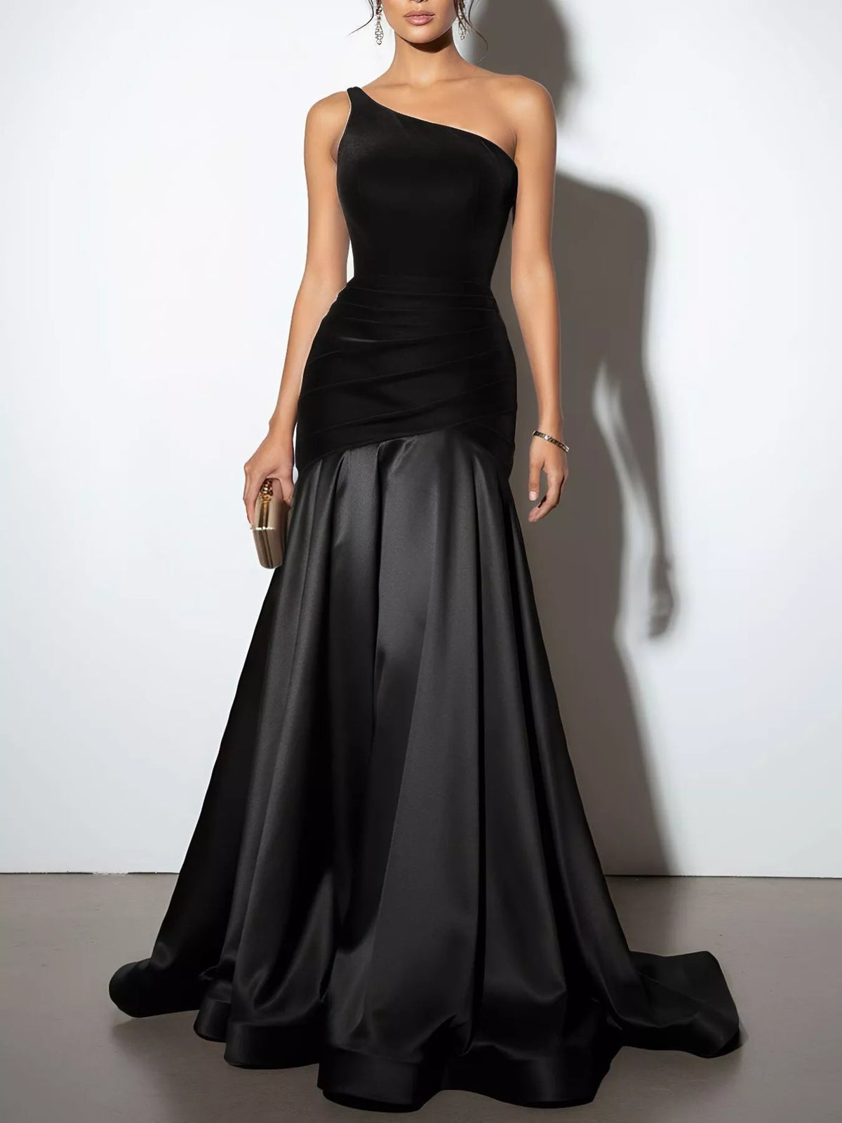 Ruched bodice detail on one shoulder gown