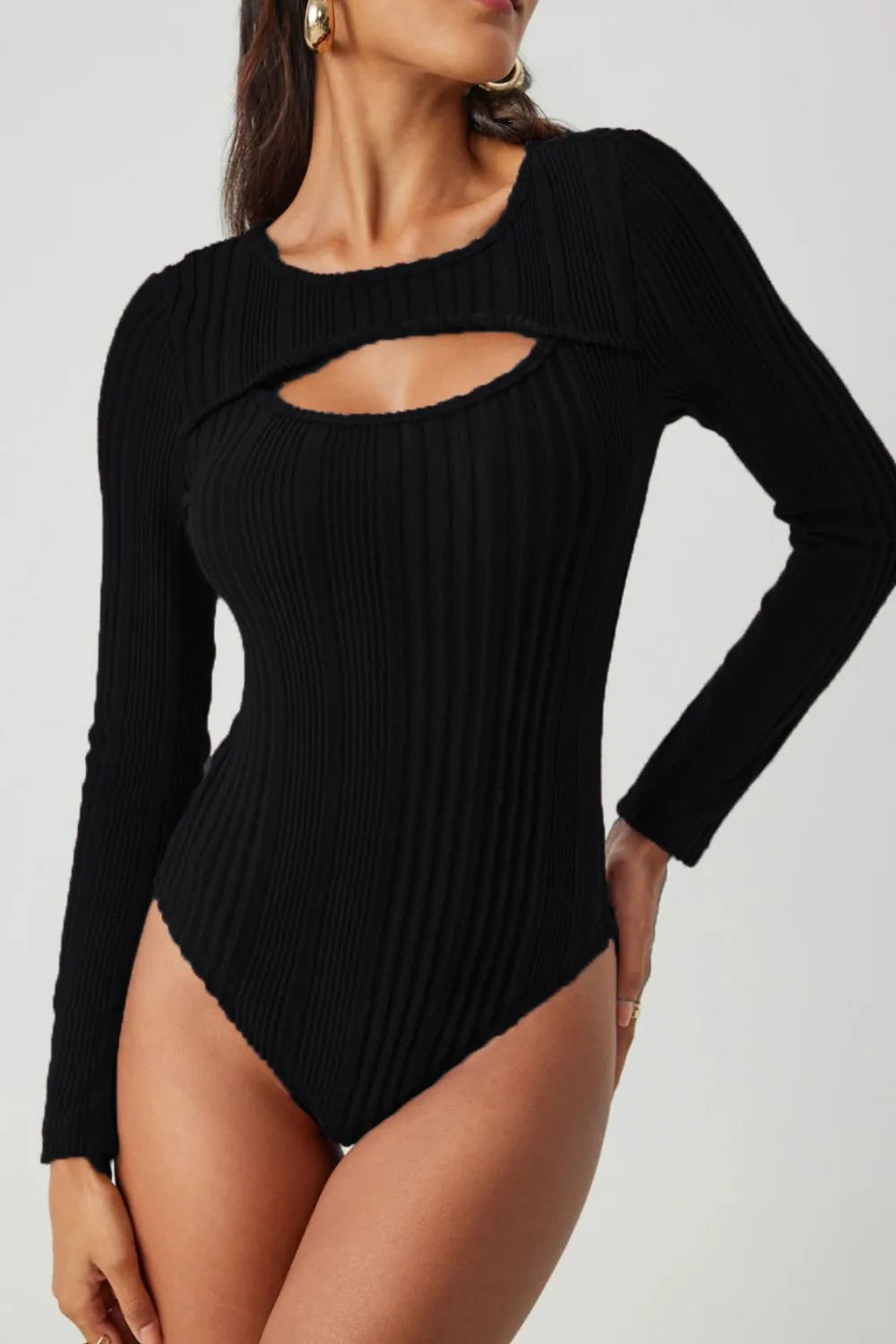 Ribbed Cutout Round Neck Bodysuit - Fashorio