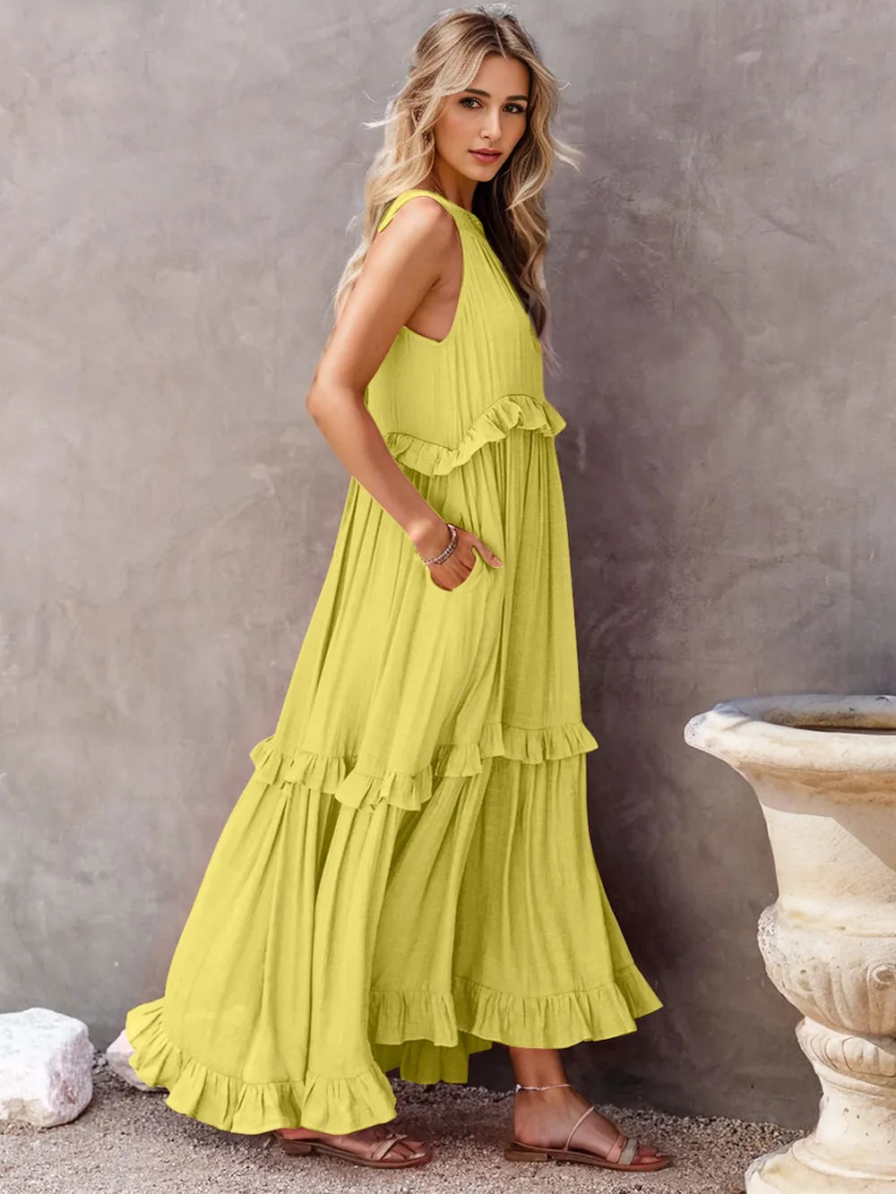 Ruffled Sleeveless Tiered Maxi Dress with Pockets Chartreuse - Fashorio
