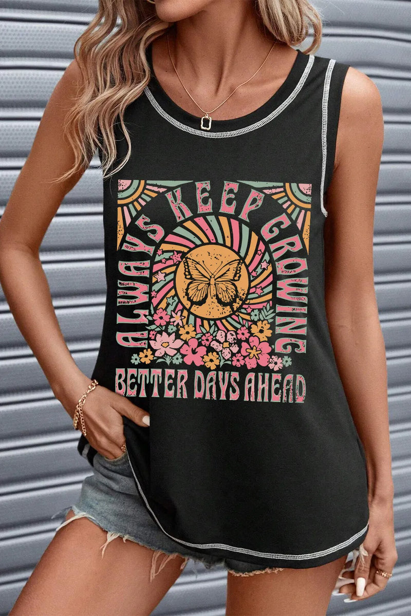 Graphic round neck tank top in black front view