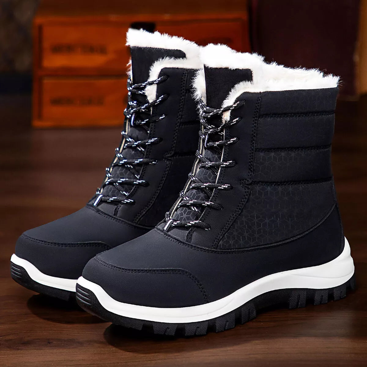Winter fur lined snow boots back view