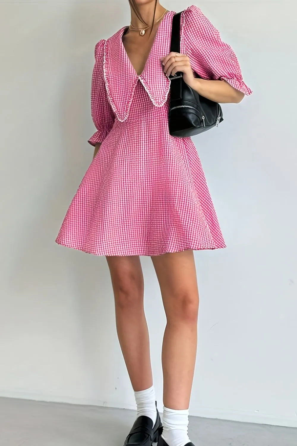 Gingham Puff Sleeve Mini Dress in Pink styled look