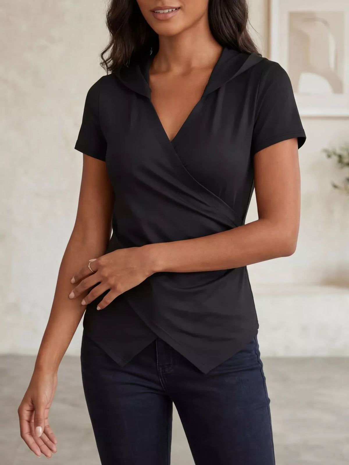 Hooded wrap front slim fit top, back view