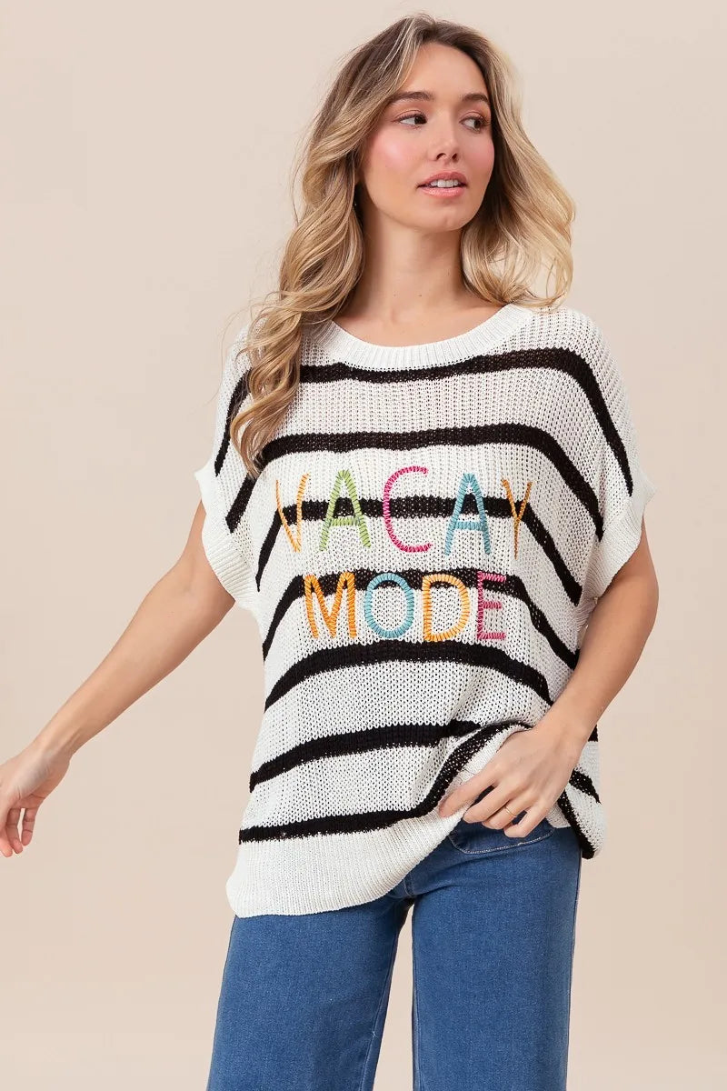 BiBi Vacay Mode Lettering Drop Shoulder Striped Sweater - Fashorio
