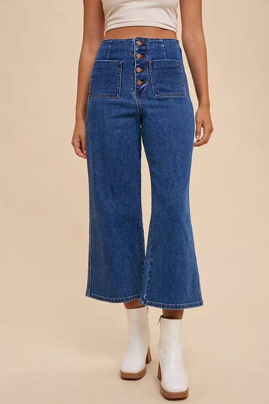 Dark wash button fly high waist jeans front