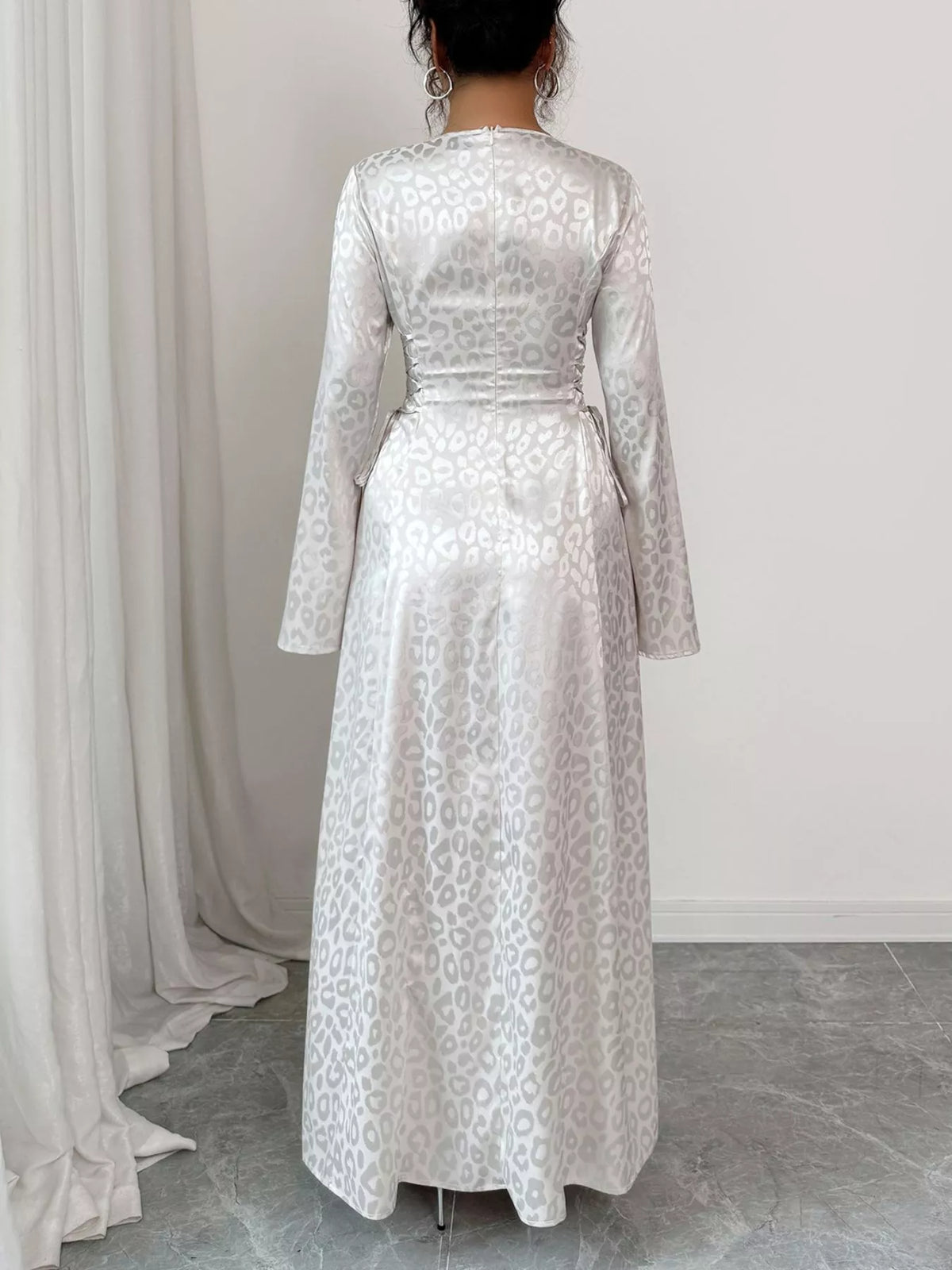 Leopard print lace up long sleeve maxi dress front view