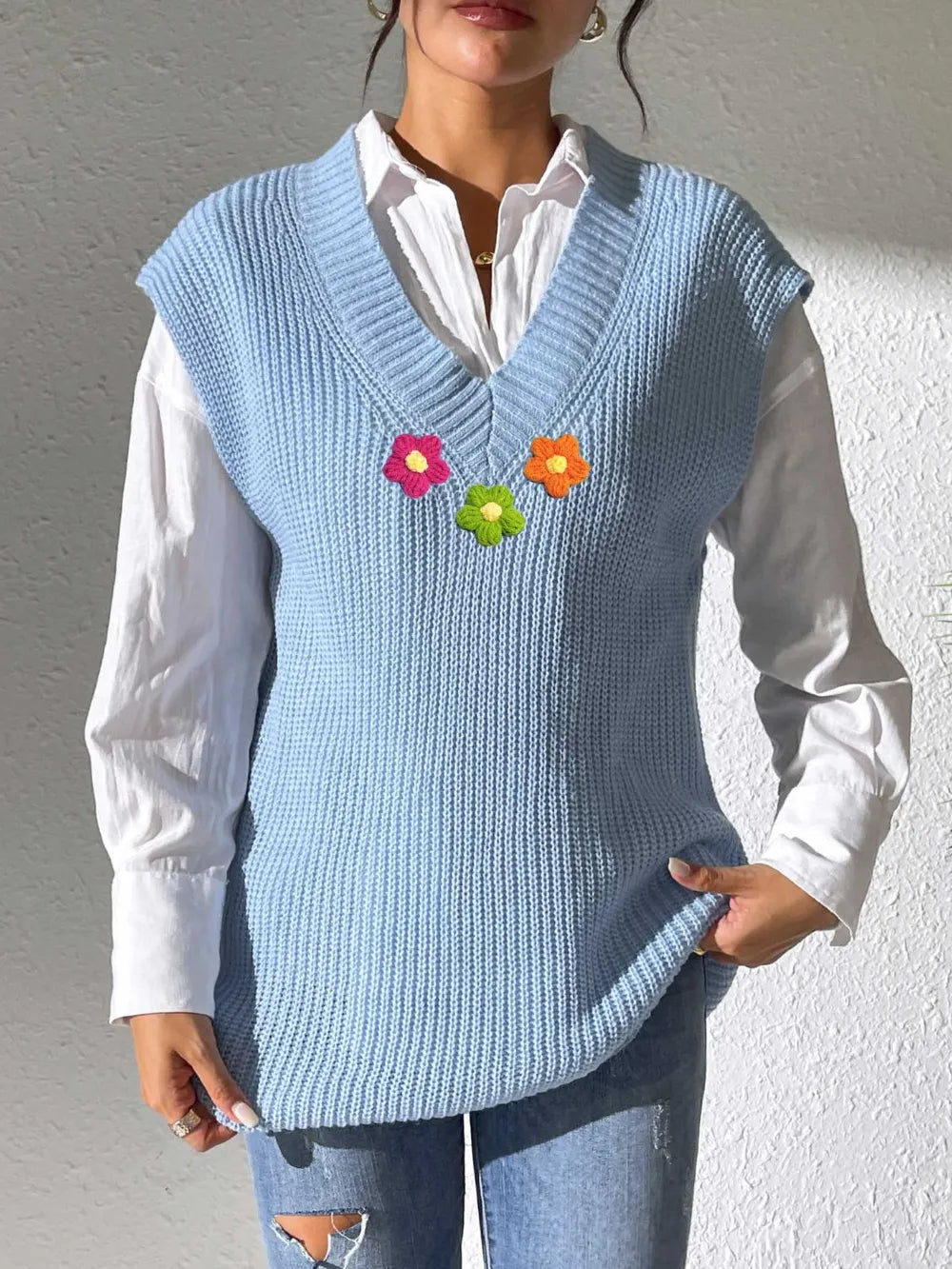 Floral V Neck Sweater Vest in Ivory detail