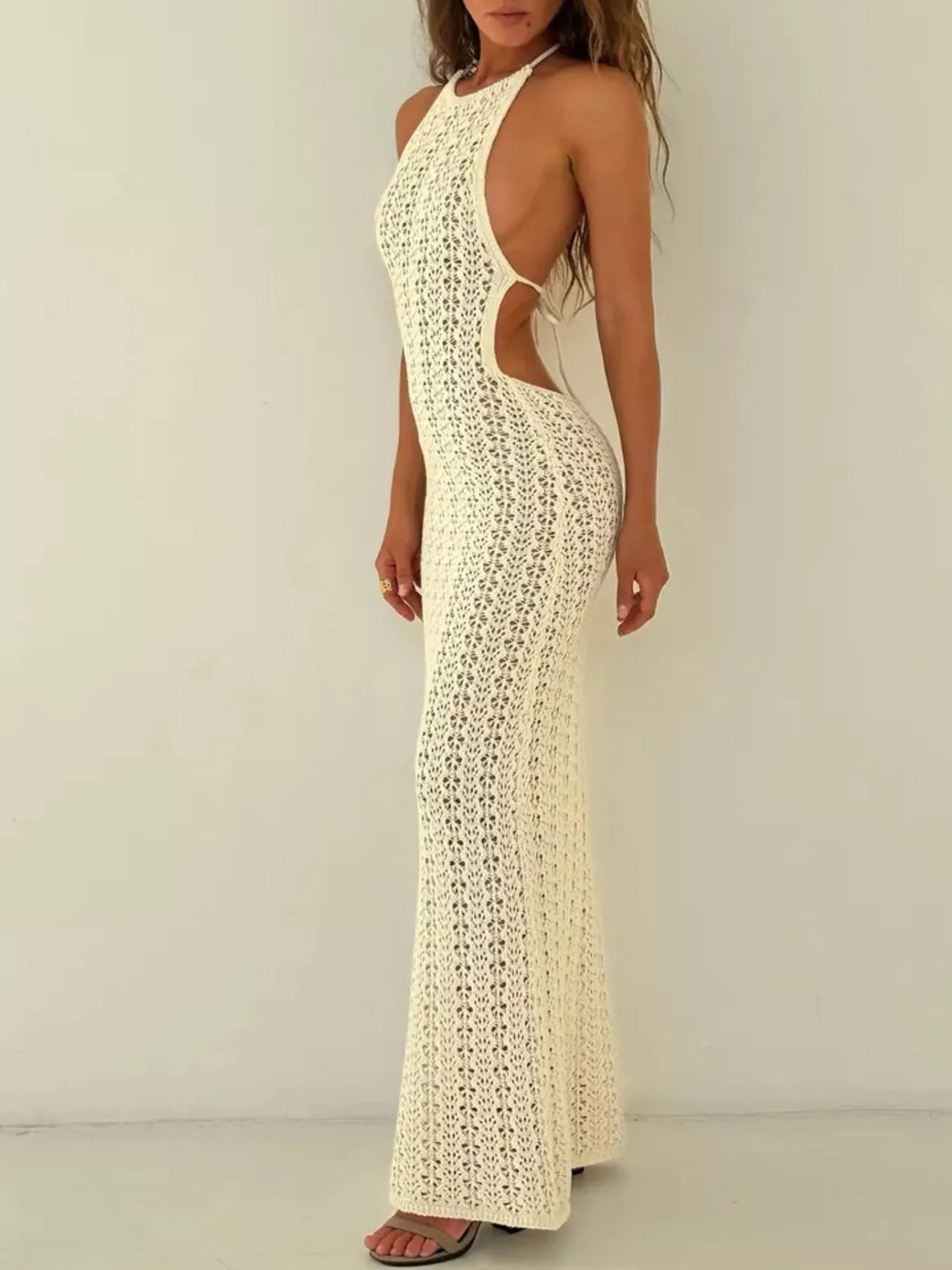 Crochet halter cover up maxi dress neckline detail