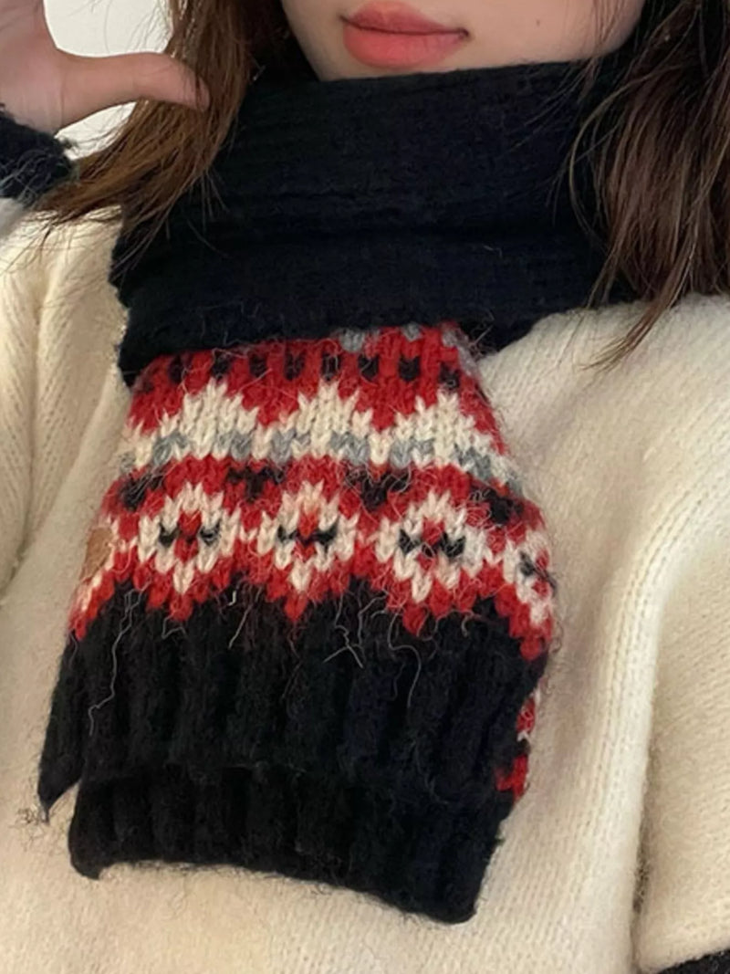 Nordic pattern knitted winter scarf wrapped at the neck