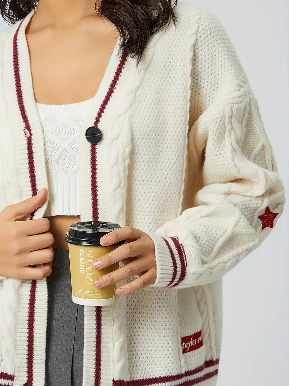 Star Embroidered V-Neck Long Sleeve Cardigan - Fashorio