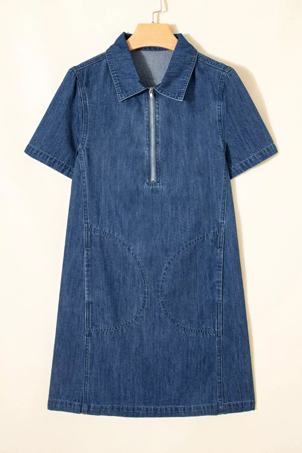 Dark blue zip up collared denim mini dress styled on model