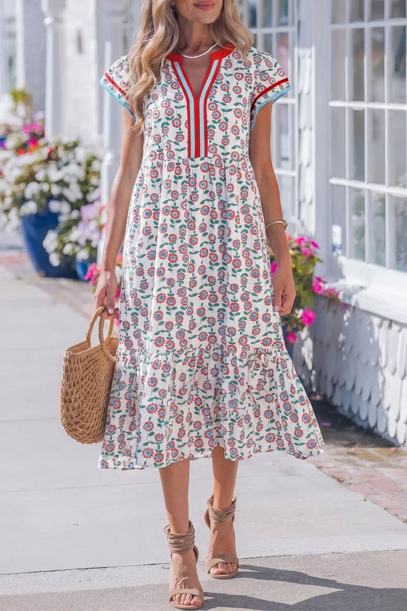 Floral ruffle tiered midi dress front