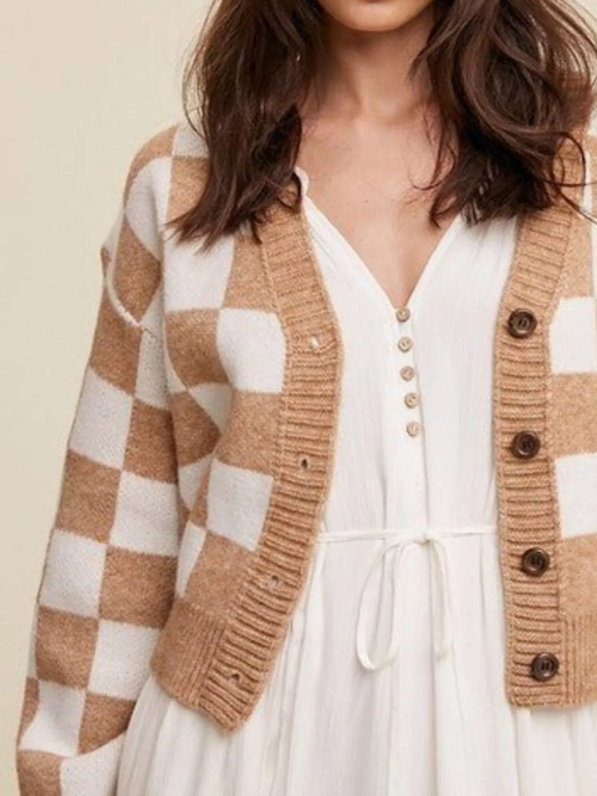 Checkerboard button down cardigan knit texture detail