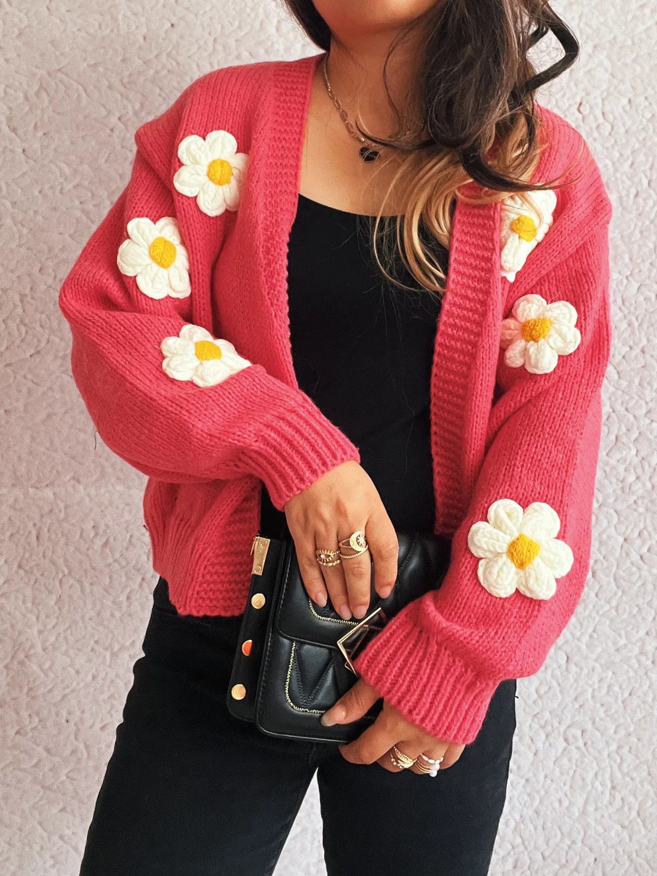 Flower Open Front Long Sleeve Cardigan Watermelon Red One Size - Fashorio