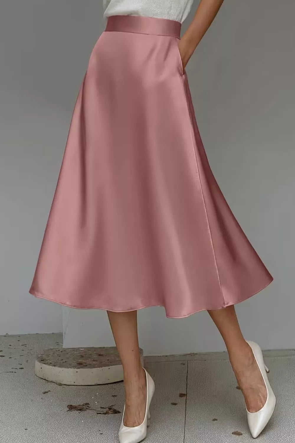 Satin A line midi skirt fabric detail