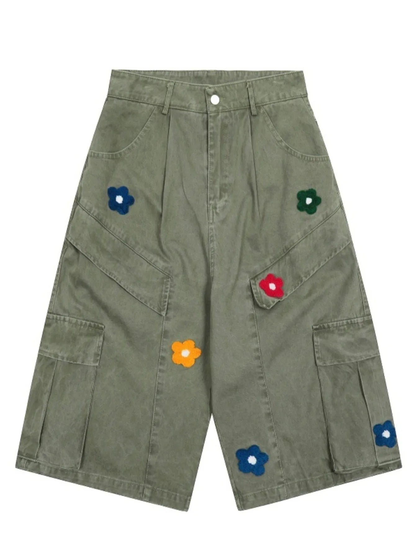 Men's Flower Embroidered Denim Cargo Shorts Green - Fashorio