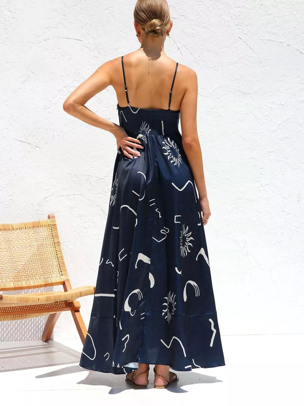 printed spaghetti strap maxi dress side view