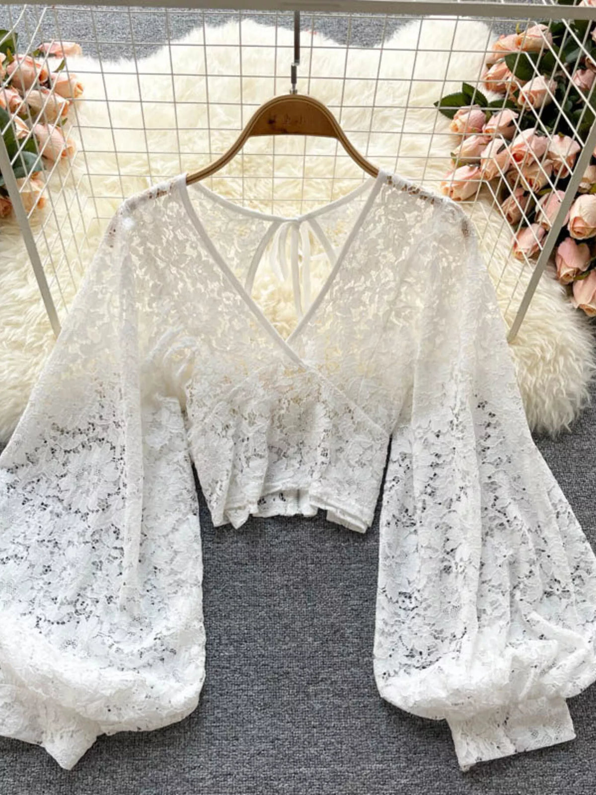 Lace tie back long sleeve top, front view