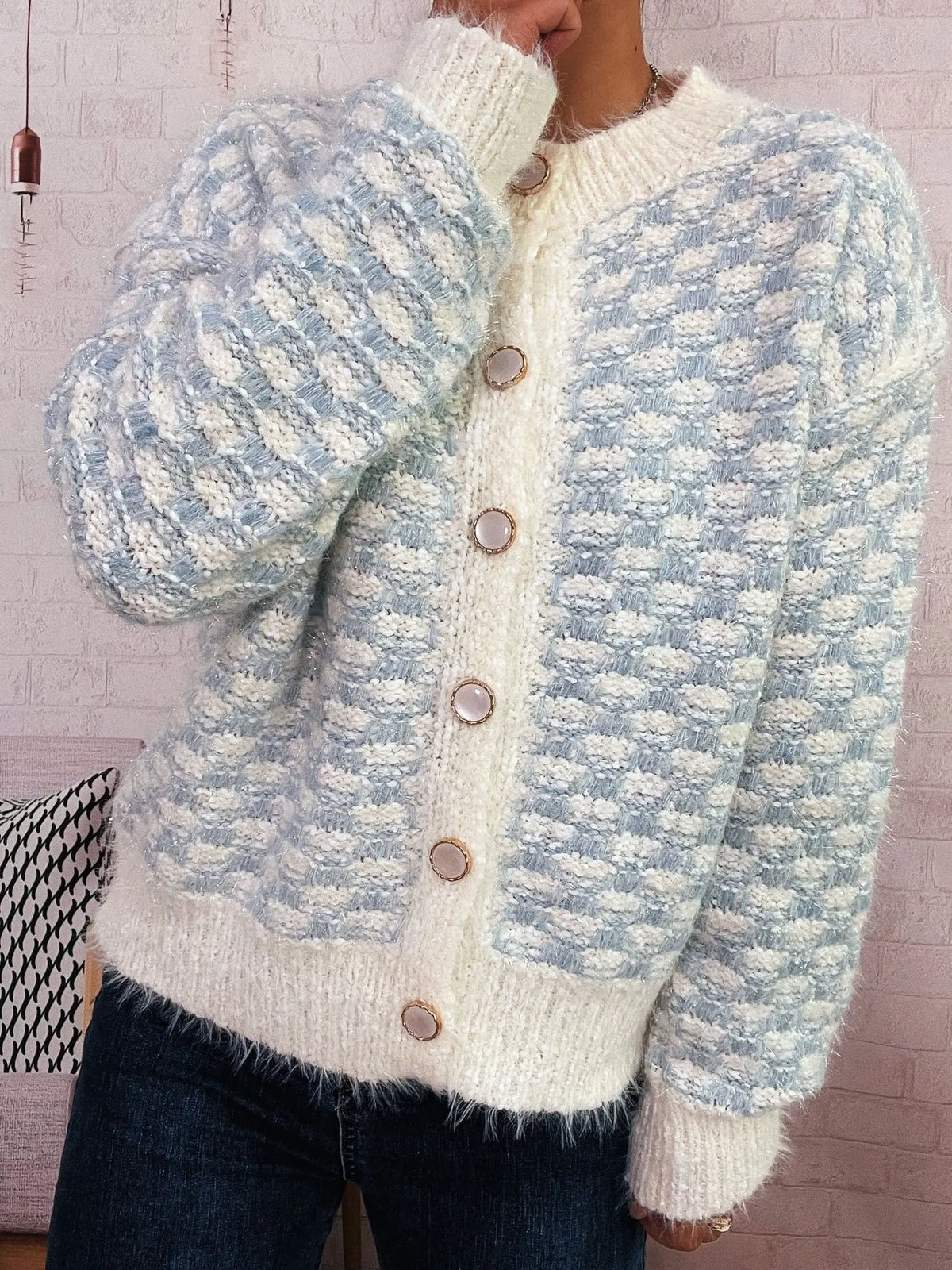Fluffy textured button up cardigan front view