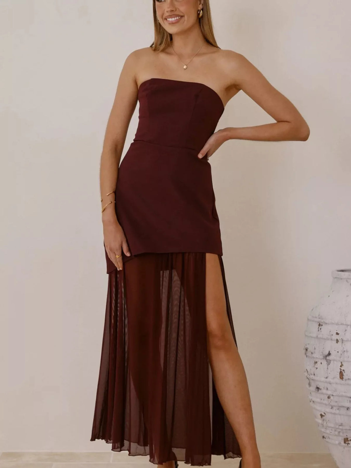 High slit mesh tube maxi dress mesh detail