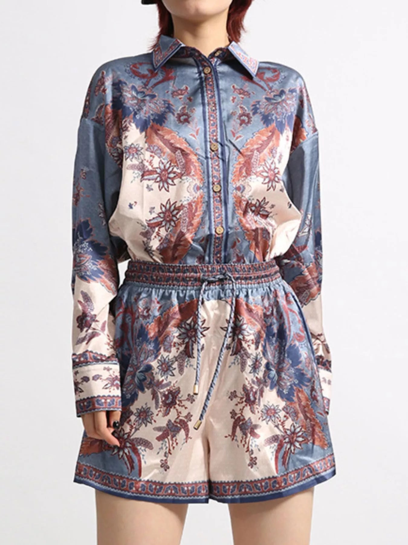 Printed Button Front Long Sleeve Shirt and Shorts Set - Fashorio