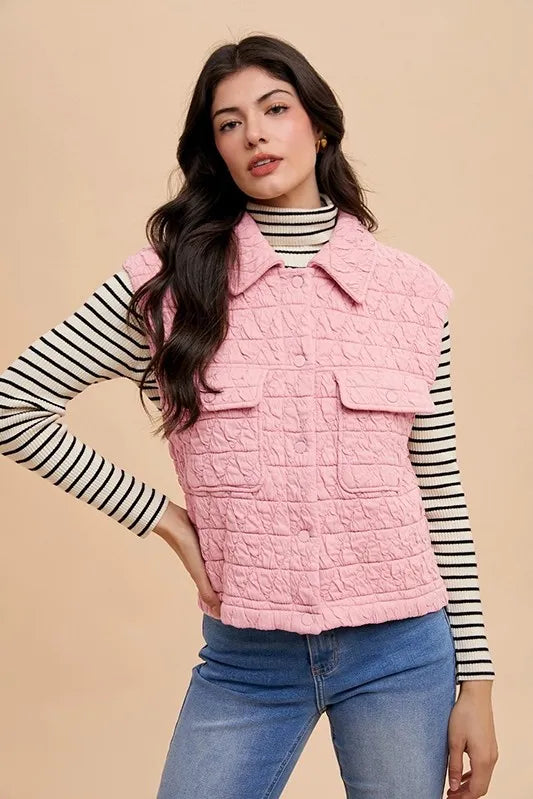Annie Wear Texture Quilted Snap Down Vest Coat - Fashorio