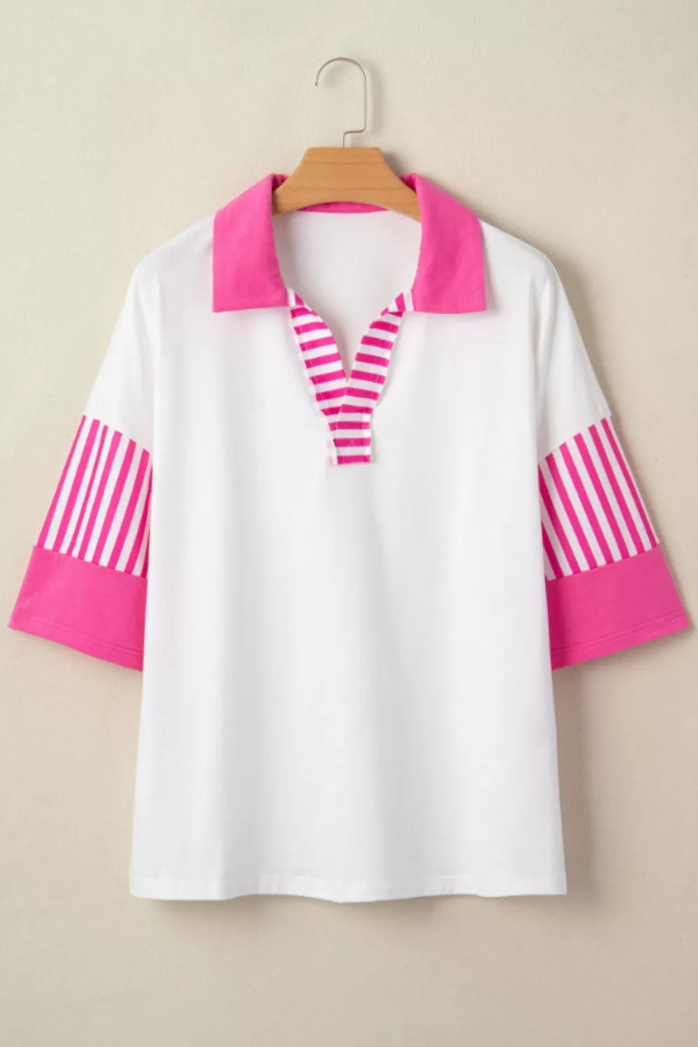 White striped color block half sleeve polo shirt styled on model