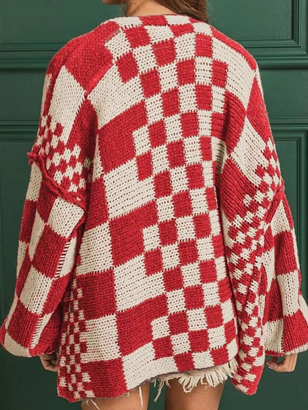 Checkered Open Front Long Sleeve Cardigan - Fashorio
