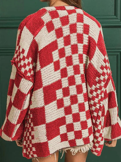 Checkered Open Front Long Sleeve Cardigan - Fashorio