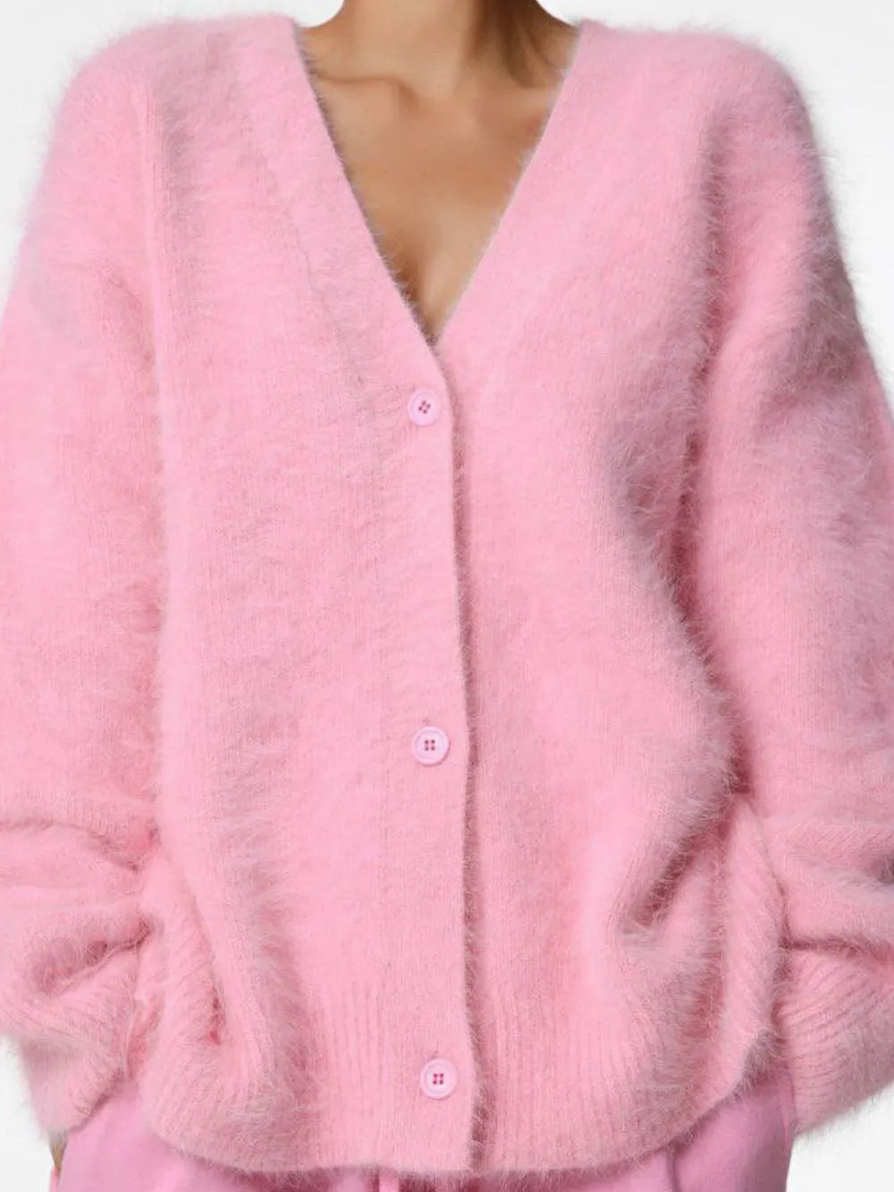 Fuzzy Button Down Long Sleeve Cardigan Blush Pink - Fashorio