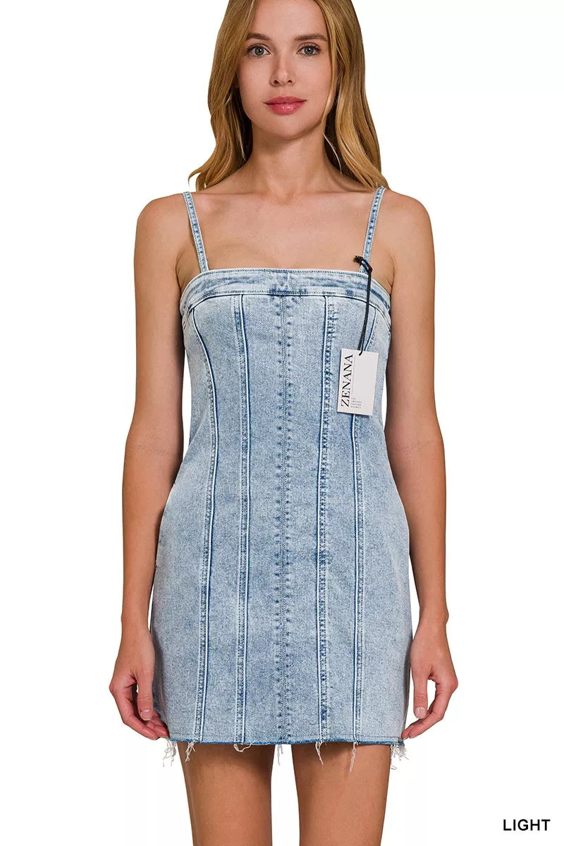 Spaghetti Strap Exposed Seam Dress in Light Wash on model