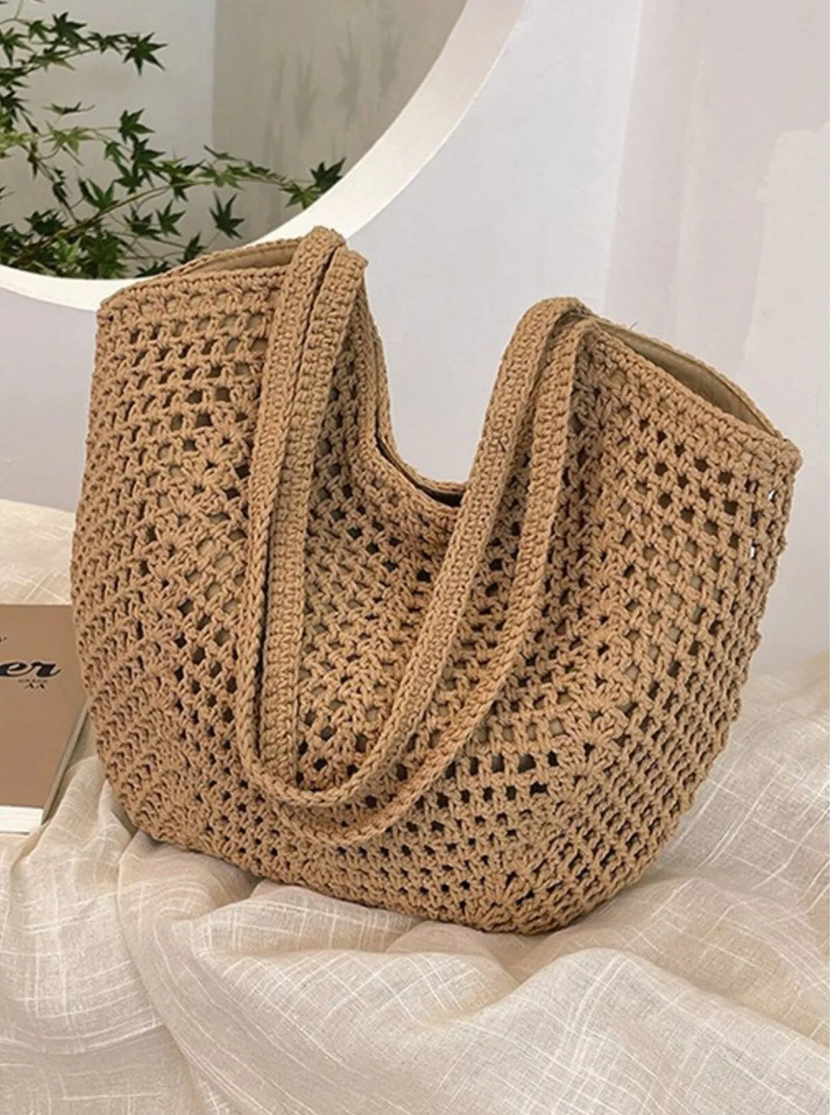 Woven straw bag interior view
