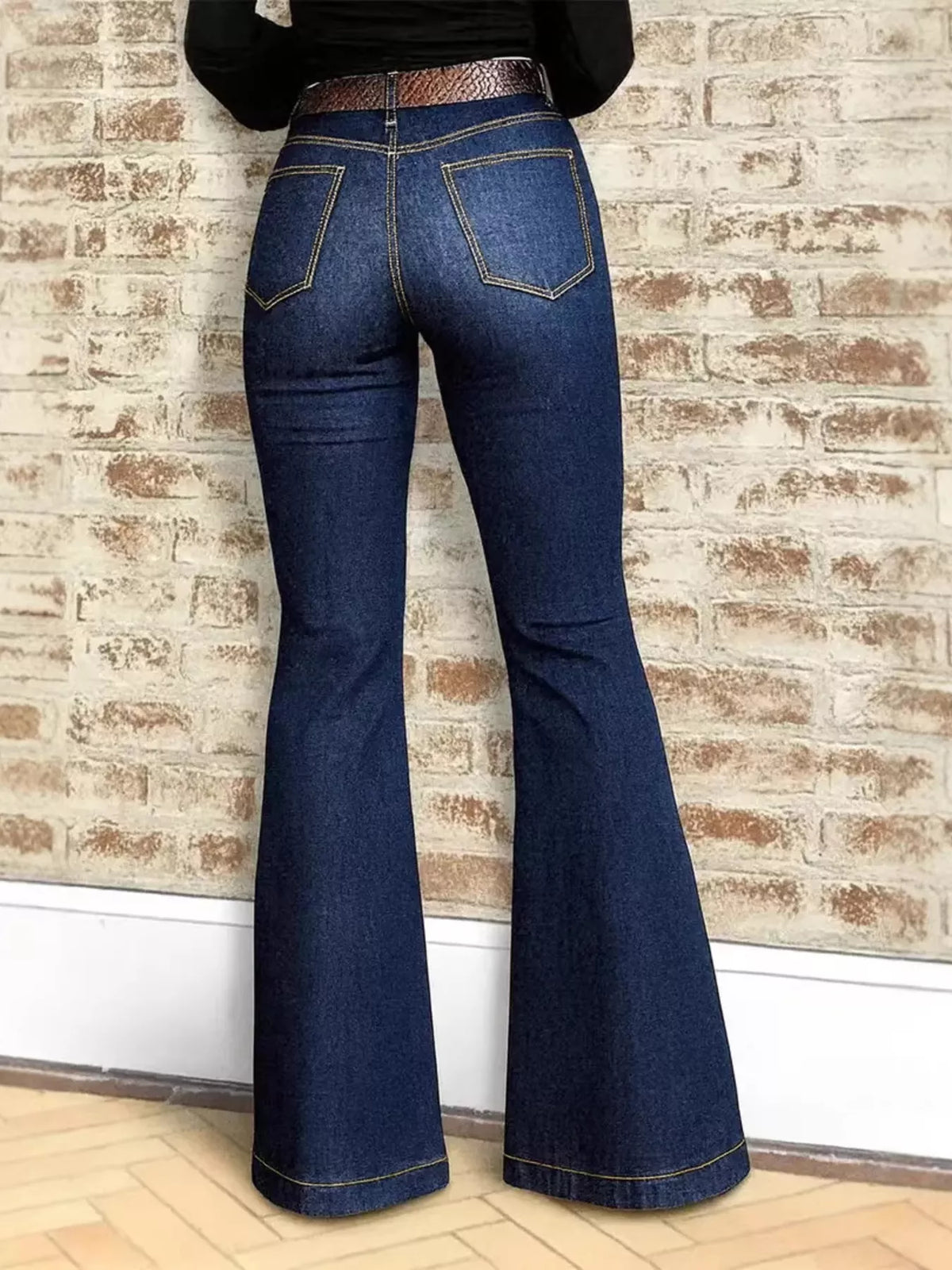 Dark blue high waist flare jeans back view