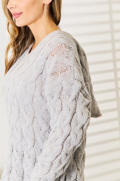 Woven Right Cable-Knit Hooded Sweater - Fashorio