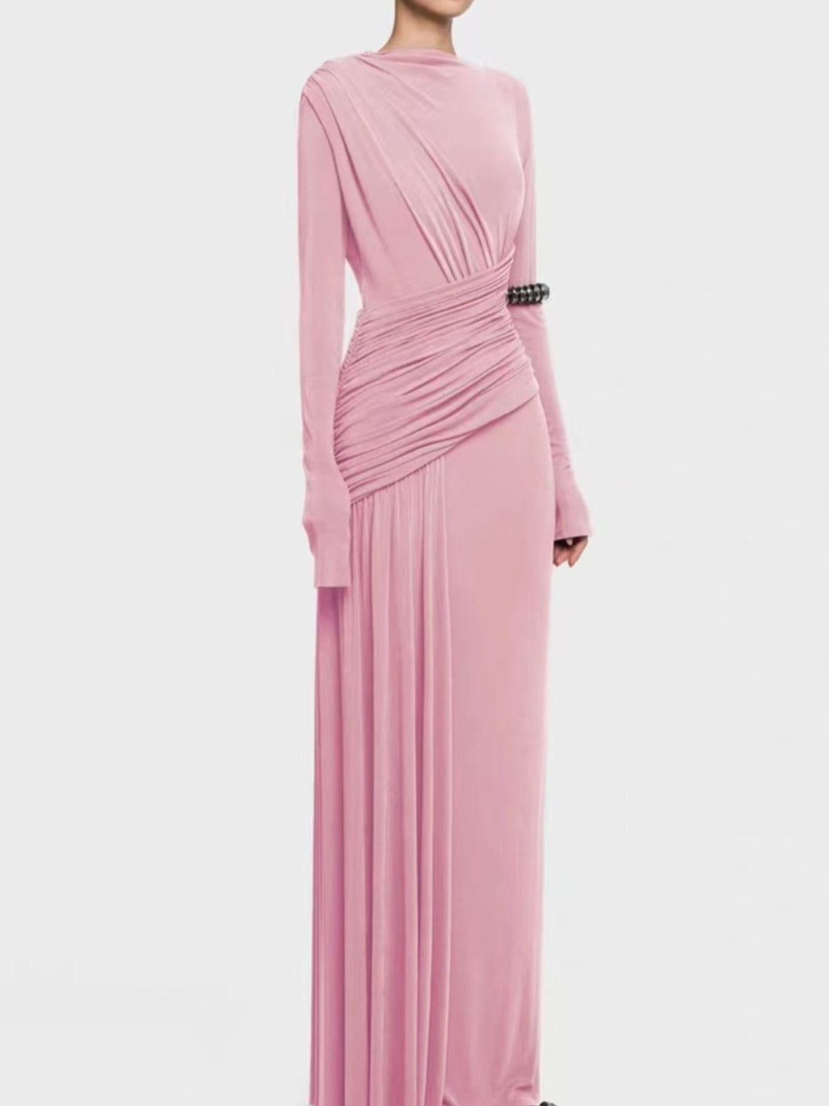 Ruched long sleeve maxi dress, styled with heels