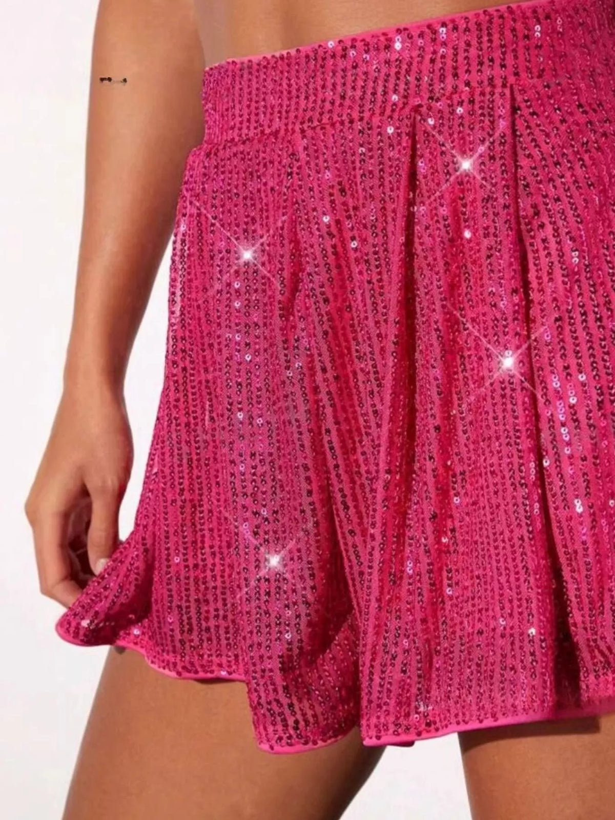 High waisted sequin shorts styled outfit view