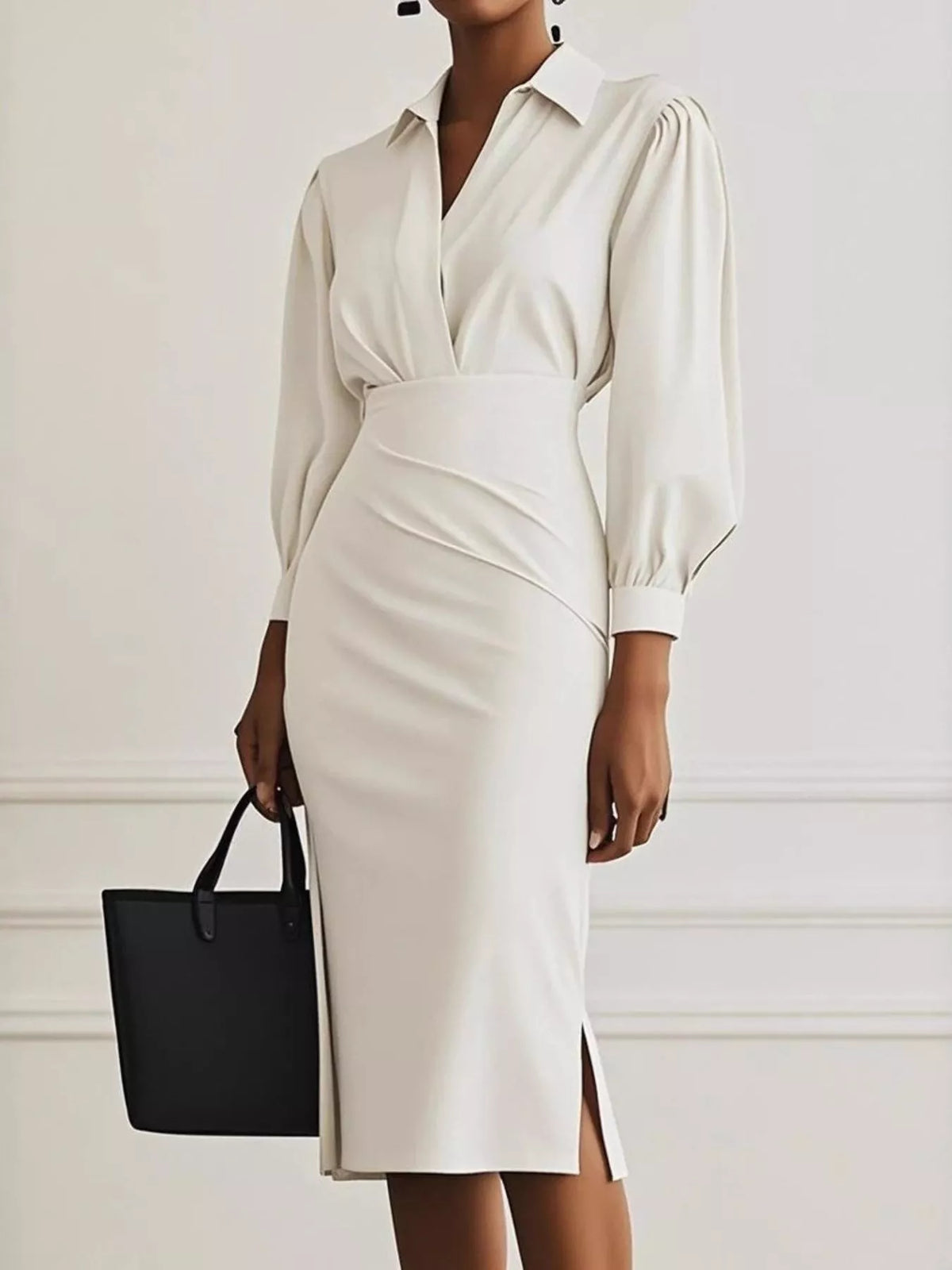 ruched midi shirt dress three quarter view